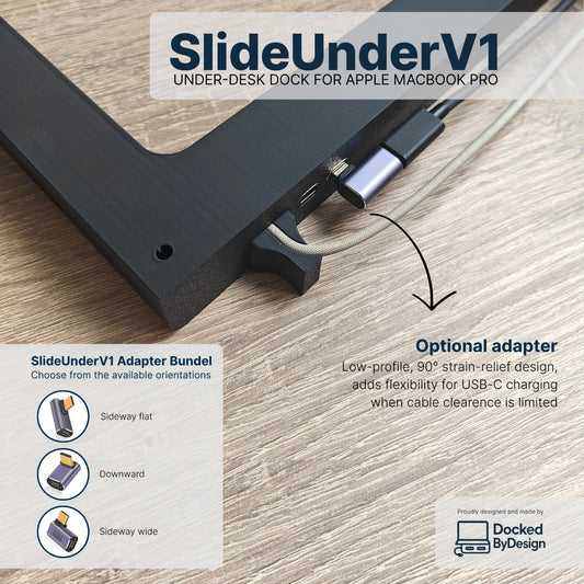 Three low-profile angled USB-C adapter orientations for under-desk MacBook mounting: sideways flat, downward, and sideways wide.