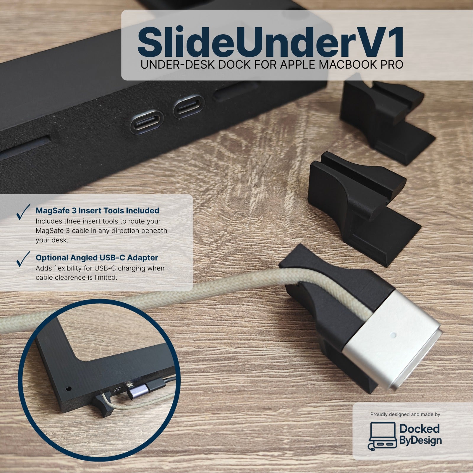 Dual USB-C 40Gbps ports and MagSafe3 tool enabled in SlideUnderV1 under-desk MacBook dock