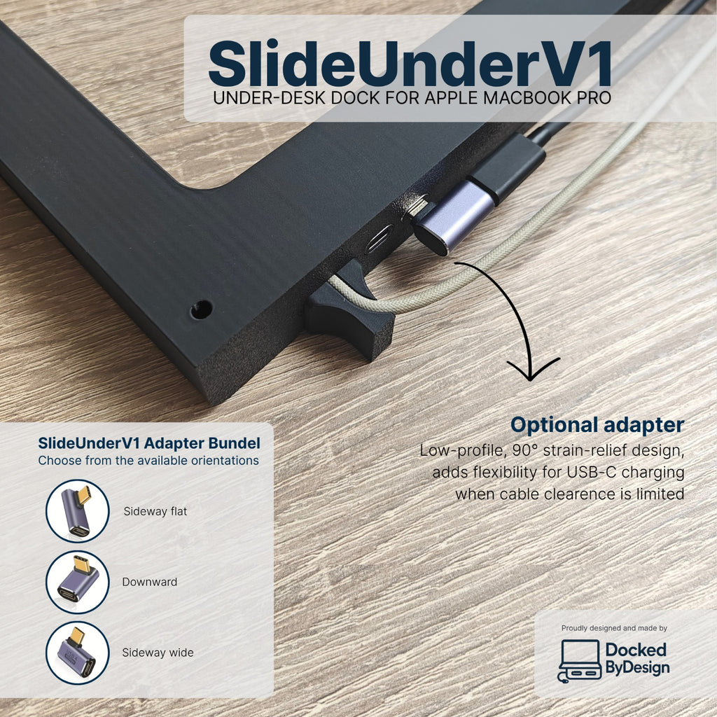 Three low-profile angled USB-C adapter orientations for under-desk MacBook mounting: sideways flat, downward, and sideways wide.