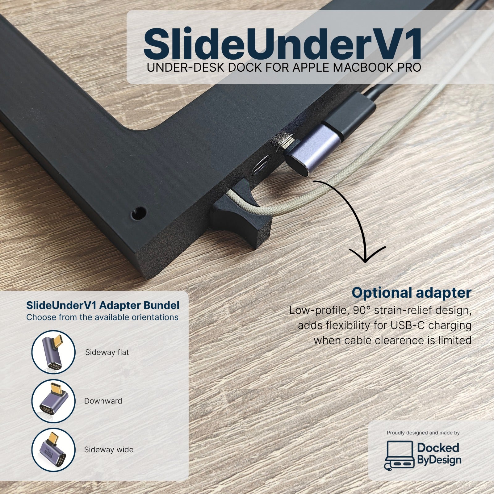 Three low-profile angled USB-C adapter orientations for under-desk MacBook mounting: sideways flat, downward, and sideways wide.
